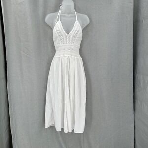 Boho White Crochet Halter Dress Medium Peruvian Cotton Beach Resort Midi Y2K‎